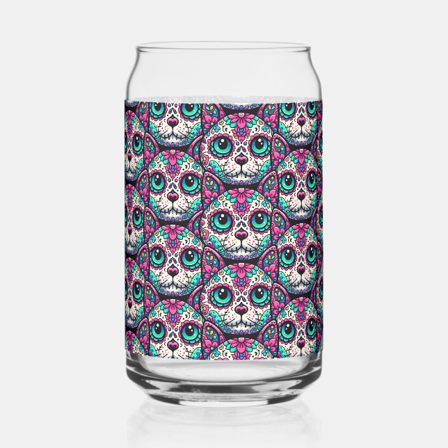 Colourful Cat Sugar Skull Can Glass (Front)