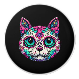 Colourful Cat Sugar Skull Ceramic Knob