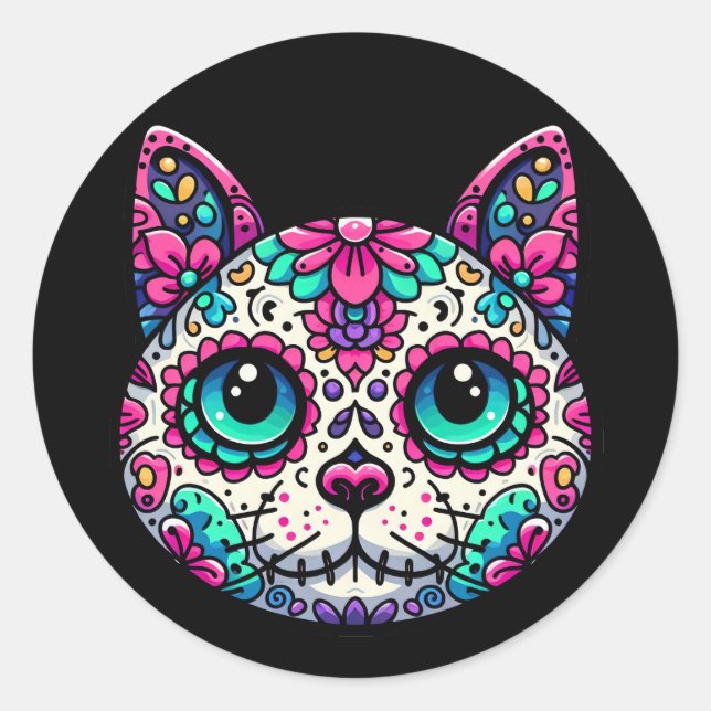 Colourful Cat Sugar Skull Classic Round Sticker (Front)