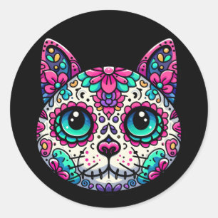 Colourful Cat Sugar Skull Classic Round Sticker