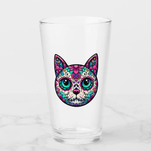 Colourful Cat Sugar Skull Glass