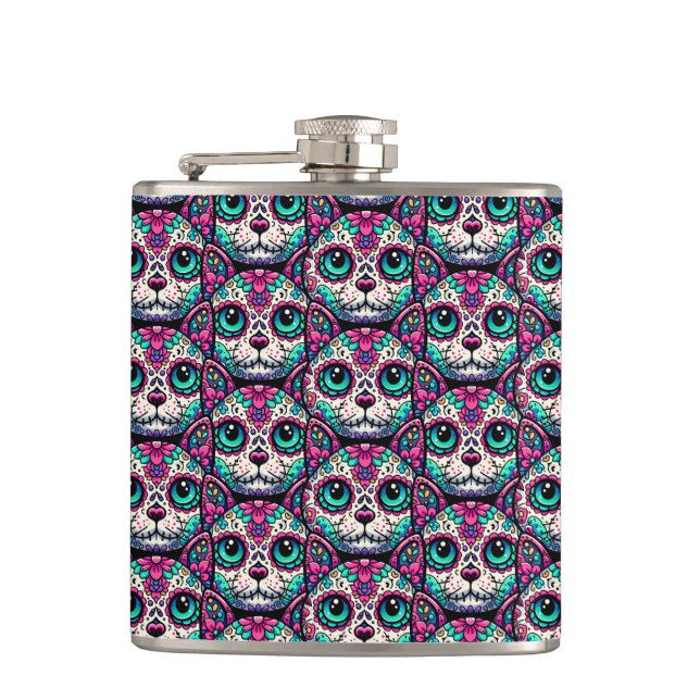 Colourful Cat Sugar Skull Hip Flask (Front)