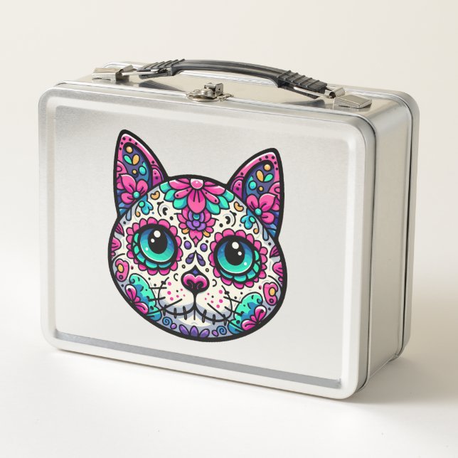 Colourful Cat Sugar Skull Metal Lunch Box (Front)