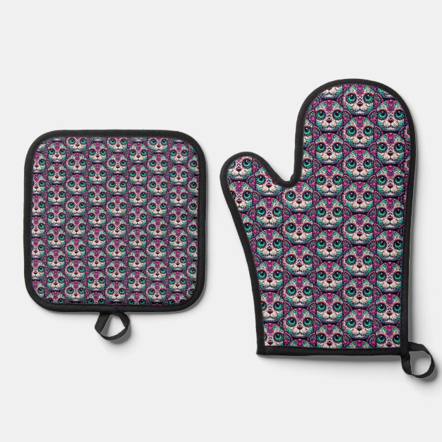 Colourful Cat Sugar Skull Oven Mitt & Pot Holder Set (Front)
