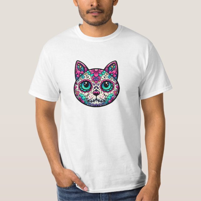 Colourful Cat Sugar Skull T-Shirt (Front)
