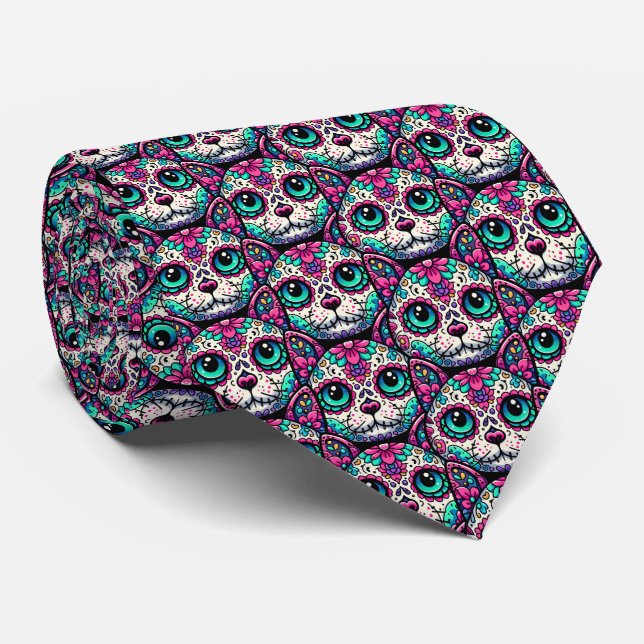 Colourful Cat Sugar Skull Tie (Rolled)