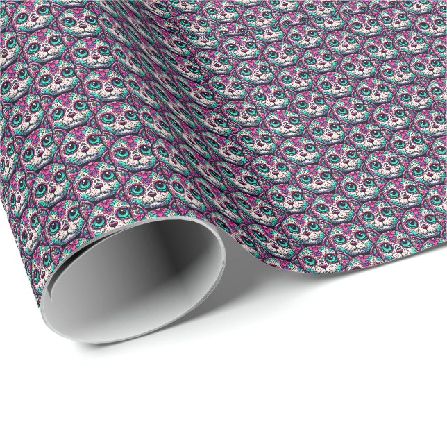 Colourful Cat Sugar Skull Wrapping Paper (Roll Corner)