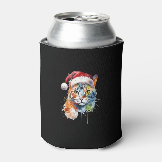 Colourful Cat Wears Santa Hat Kitten Ugly Christma Can Cooler (Can Front)