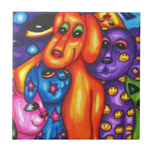 colourful cats and dogs abstract original art tile