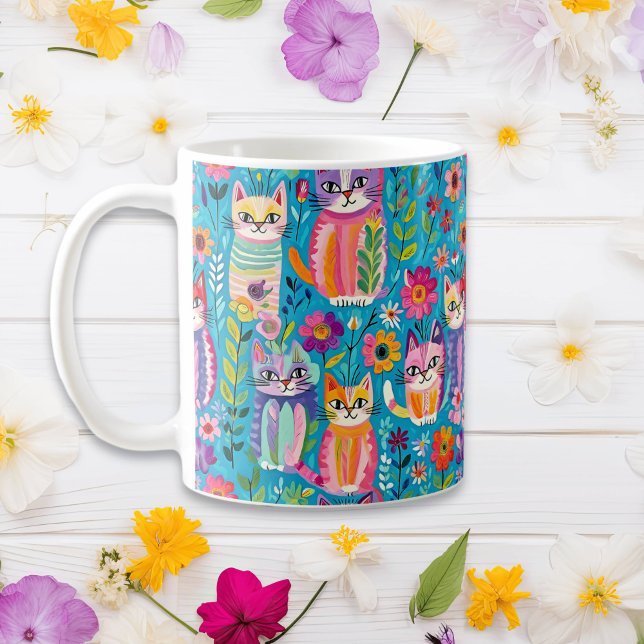 Colourful Cats and Flowers Whimsical Birthday Coffee Mug (Creator Uploaded)