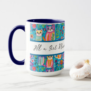 Colourful Cats and Flowers Whimsical Birthday Mug