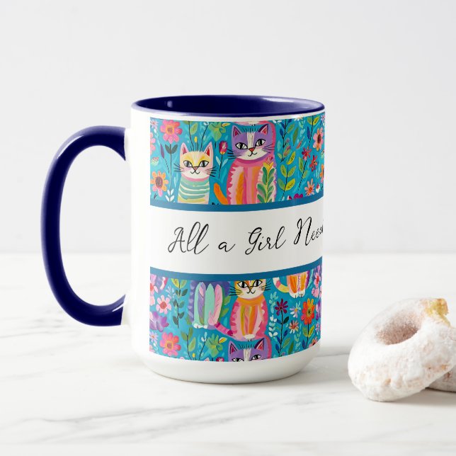 Colourful Cats and Flowers Whimsical Birthday Mug (With Donut)