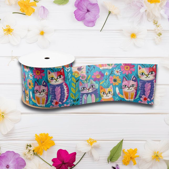 Colourful Cats and Flowers Whimsical Birthday Satin Ribbon (Creator Uploaded)