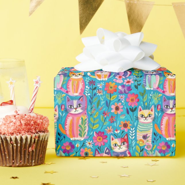 Colourful Cats and Flowers Whimsical Birthday Wrapping Paper (Birthday Party)