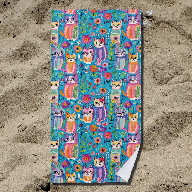 Colourful Cats and Flowers Whimsical Happy Beach Towel (Creator Uploaded)