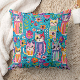 Colourful Cats and Flowers Whimsical Happy Cushion
