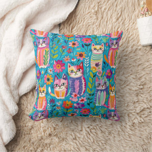Colourful Cats and Flowers Whimsical Happy Cushion