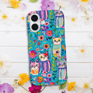 Colourful Cats and Flowers Whimsical Happy iPhone 16 Case