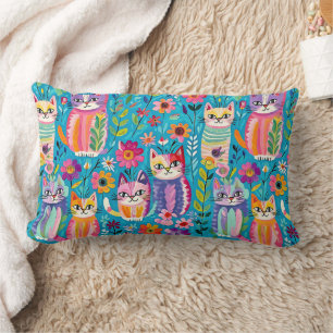 Colourful Cats and Flowers Whimsical Happy Lumbar Cushion