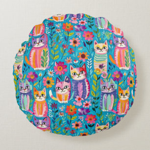 Colourful Cats and Flowers Whimsical Happy Round Cushion