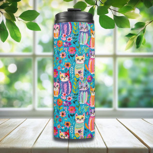 Colourful Cats and Flowers Whimsical Happy Thermal Tumbler