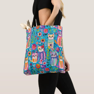 Colourful Cats and Flowers Whimsical Happy Tote Bag