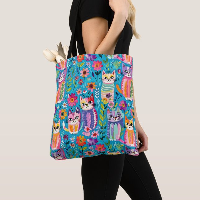 Colourful Cats and Flowers Whimsical Happy Tote Bag (Close Up)
