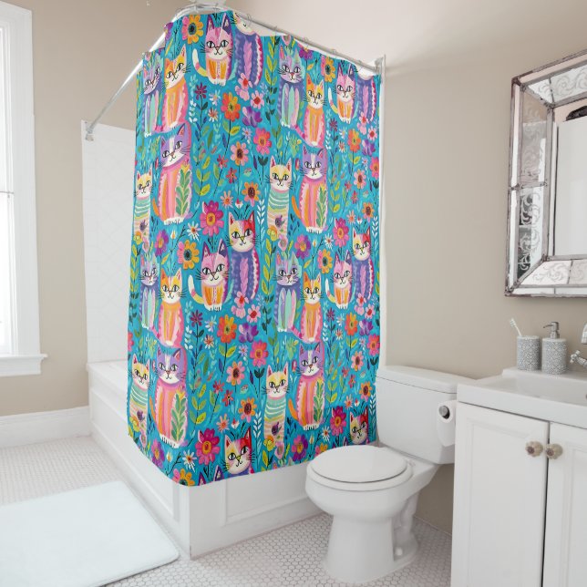 Colourful Cats and Flowers Whimsical  Shower Curtain (In Situ)
