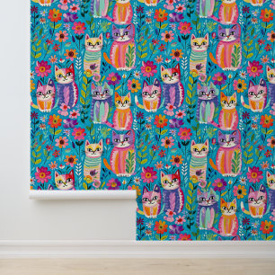 Colourful Cats and Flowers Whimsical  Wallpaper