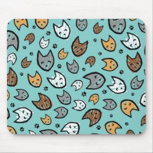 Colourful Cats and Paws Pattern on Teal Mouse Mat