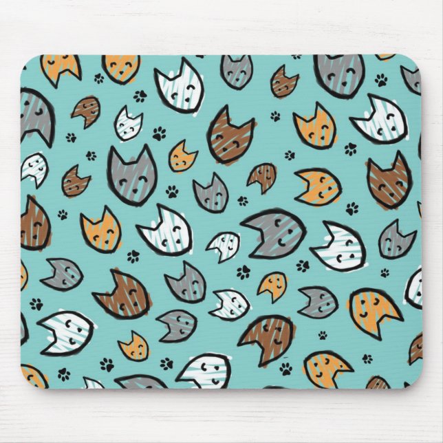 Colourful Cats and Paws Pattern on Teal Mouse Mat (Front)