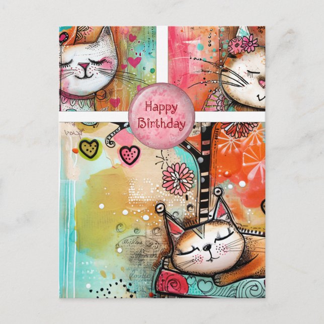 Colourful Cats Birthday Postcard (Front)