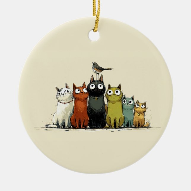 Colourful Cats Group – Cute Whimsical Cat Art Ceramic Tree Decoration (Front)