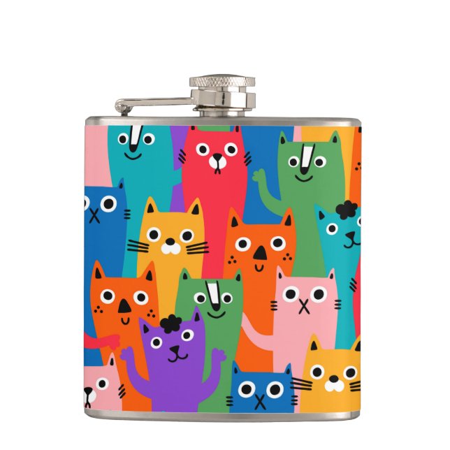 Colourful cats pattern hip flask (Front)