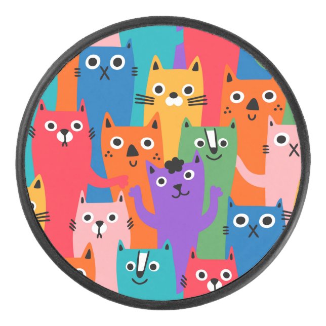 Colourful cats pattern hockey puck (Front)