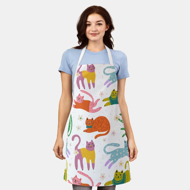 Colourful Cats Pattern Kitchen Apron (Worn)