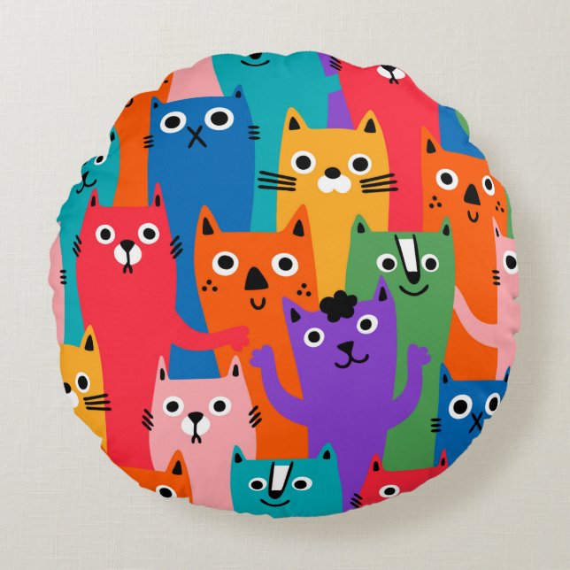Colourful cats pattern round cushion (Front)