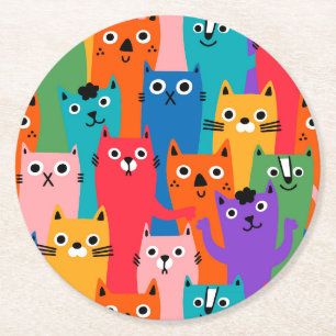 Colourful cats pattern round paper coaster