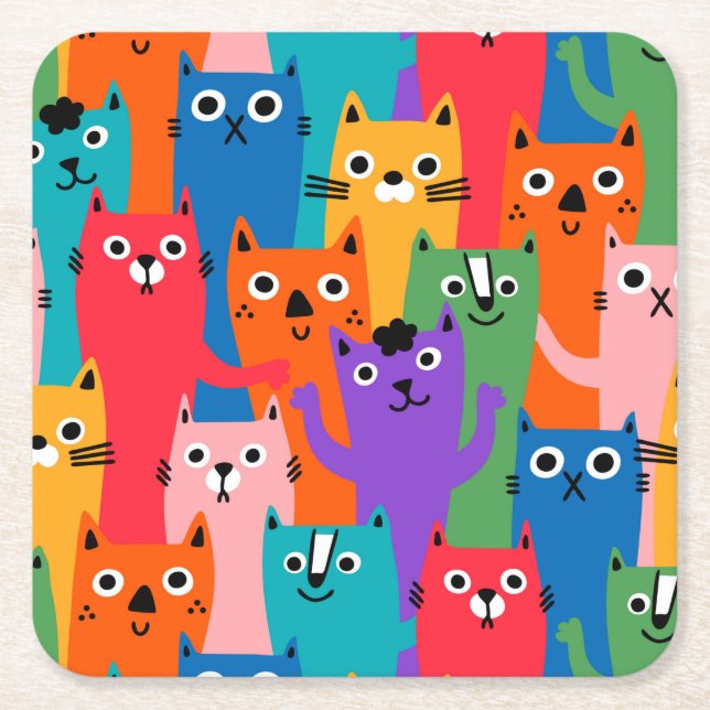 Colourful cats pattern square paper coaster (Front)