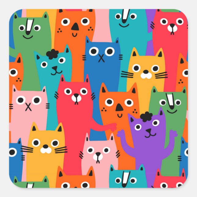 Colourful cats pattern square sticker (Front)