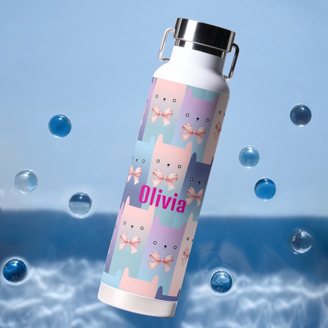 Colourful Cats & Pink bows, Watercolor Personalise Water Bottle (Creator Uploaded)