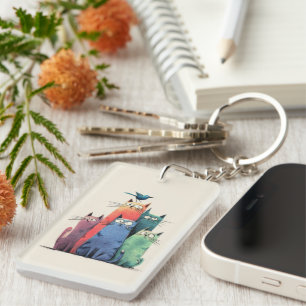 Colourful Cats Stack – Cute Whimsical Cat Art Key Ring