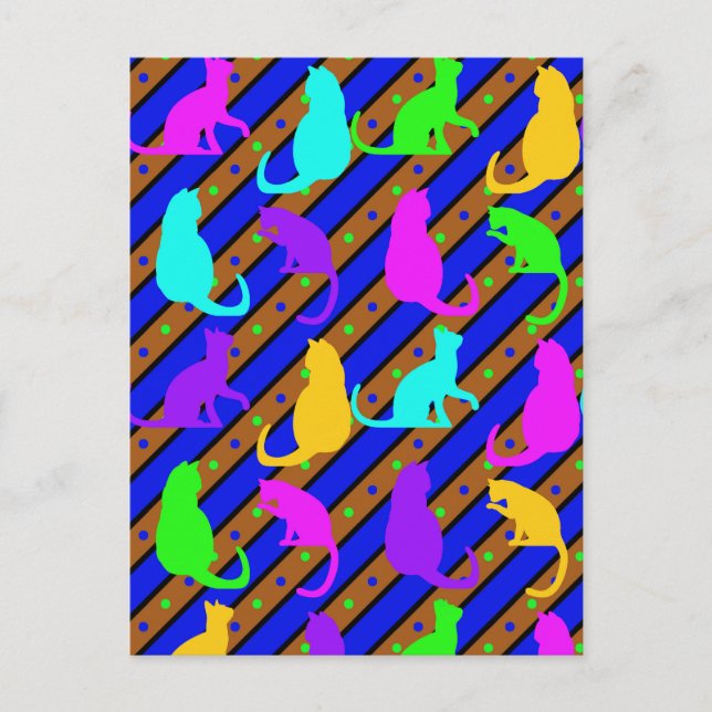 Colourful Cats stripes and polkadots Animal art Postcard (Front)