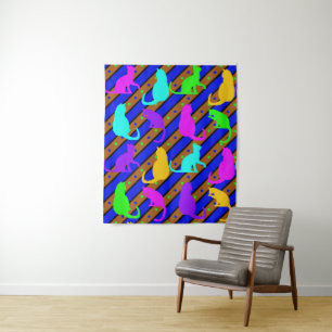Colourful Cats stripes and polkadots Animal art Tapestry