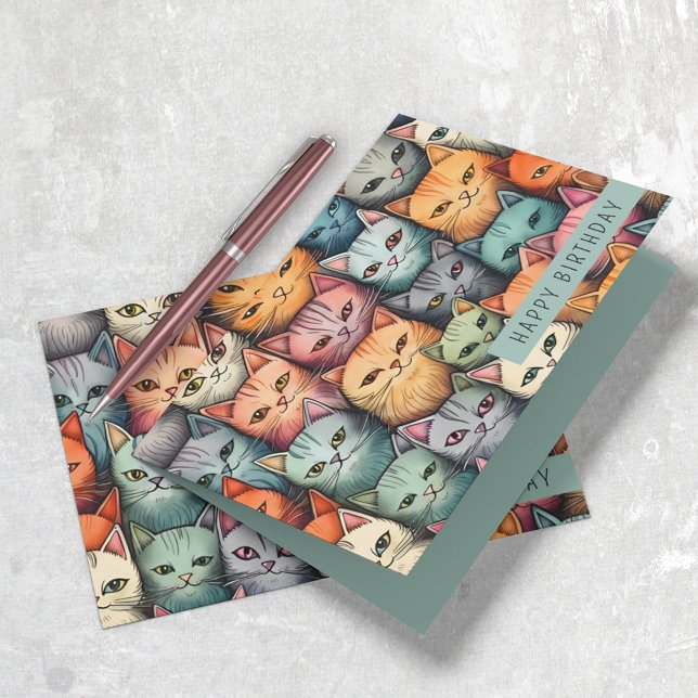 Colourful Cats Whimsical Doodle Any Occasion Card (Need a card from multiple people? This is the purrfect card "from the whole kitten caboodle"!)