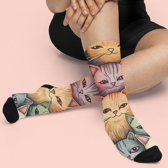 Colourful Cats Whimsical Doodle Socks (Cute and colorful, these socks are purr-fect for cat lovers!)