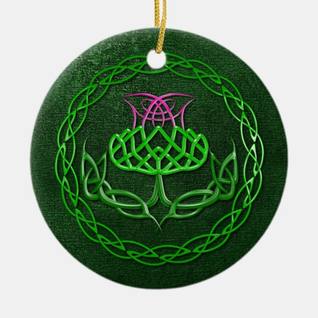 Colourful Celtic Knot Thistle Ceramic Tree Decoration (Front)