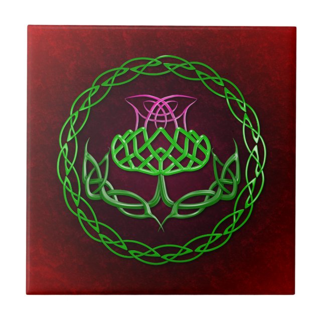 Colourful Celtic Knot Thistle Tile (Front)
