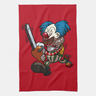 Colourful Chainsaw Clown Halloween Horror Cartoon Tea Towel
