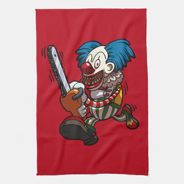 Colourful Chainsaw Clown Halloween Horror Cartoon Tea Towel (Vertical)